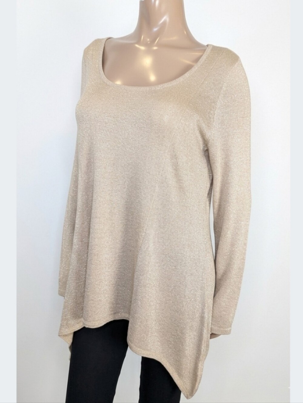 Peter Nygard Gold Metallic Shimmer Tunic Sweater Sharkbite Hem Stretch Knit XL